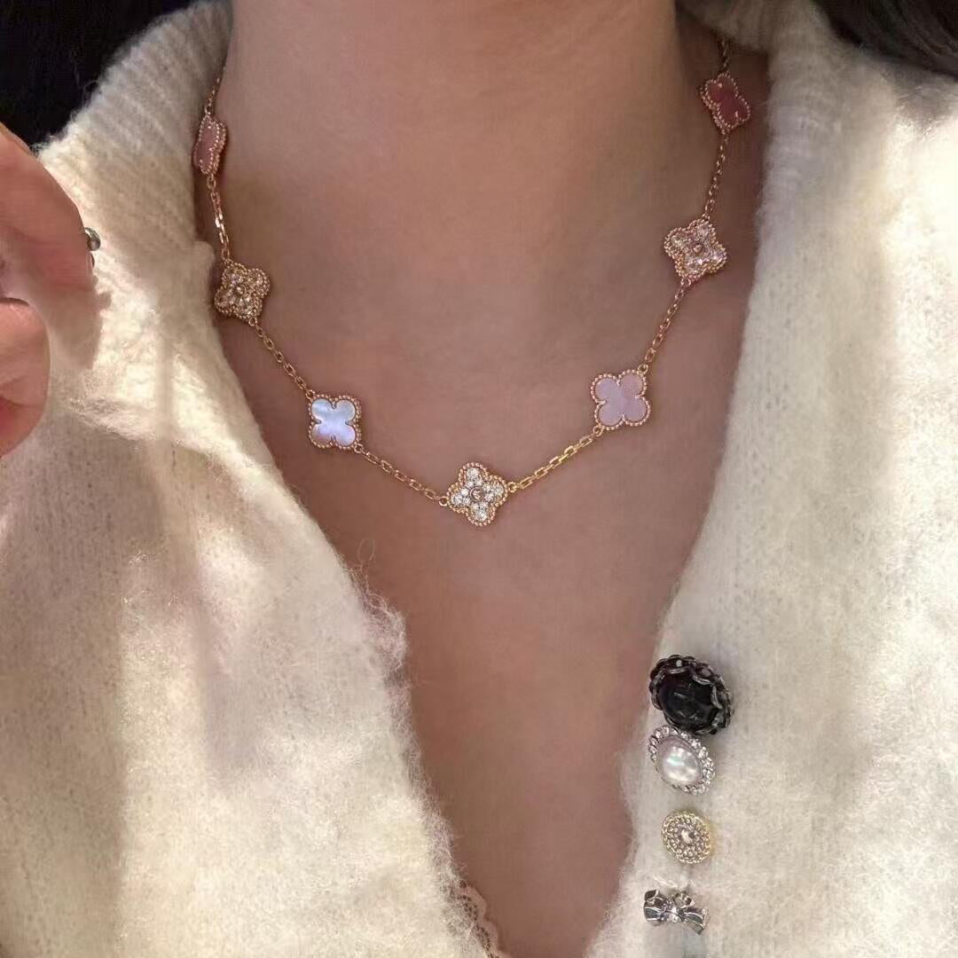 [Kismet Jewels ]CLOVER 10 MOTIFS DIAMOND PINK MOP NECKLACE