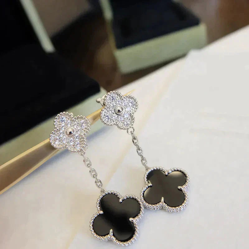 [Kismet Jewels ]CLOVER 2 MOTIFS  DIAMOND ONYX EARRINGS SILVER