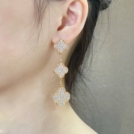 [Kismet Jewels ]CLOVER 3 MOTIFS DIAMOND PAVED ROSE GOLD EARRINGS