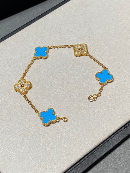 [Kismet Jewels ]CLOVER 5 MOTIF BLUE CHALCEDONY DIAMOND GOLD BRACELET