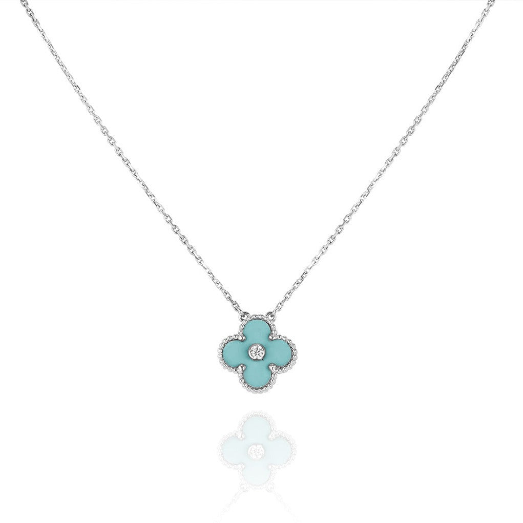 [Kismet Jewels ]CLOVER 1 DIAMOND LIGHT BLUE SILVER NECKLACE