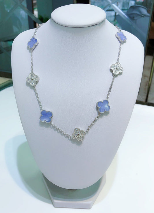 [Kismet Jewels ]CLOVER 10 MOTIFS CHALCEDONY DIAMONDS SILVER NECKLACE